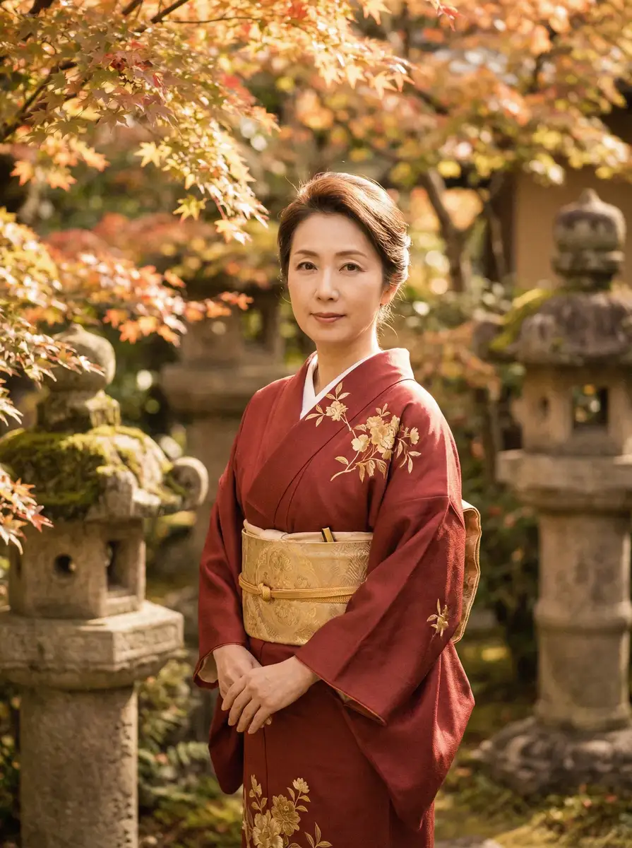 一位身穿暗红色和服的优雅 桥本有菜 在日式庭院中