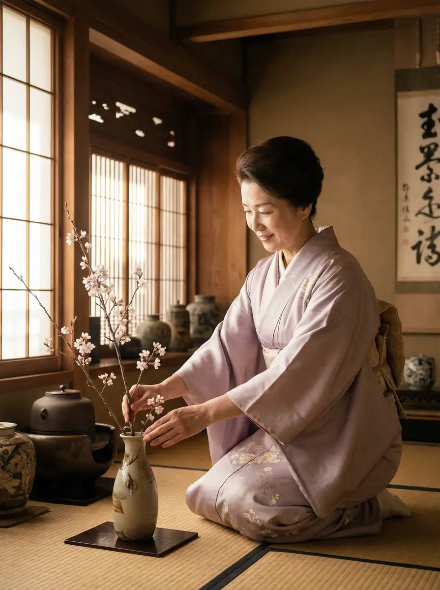 一位优雅的 桥本有菜 在和室中插花